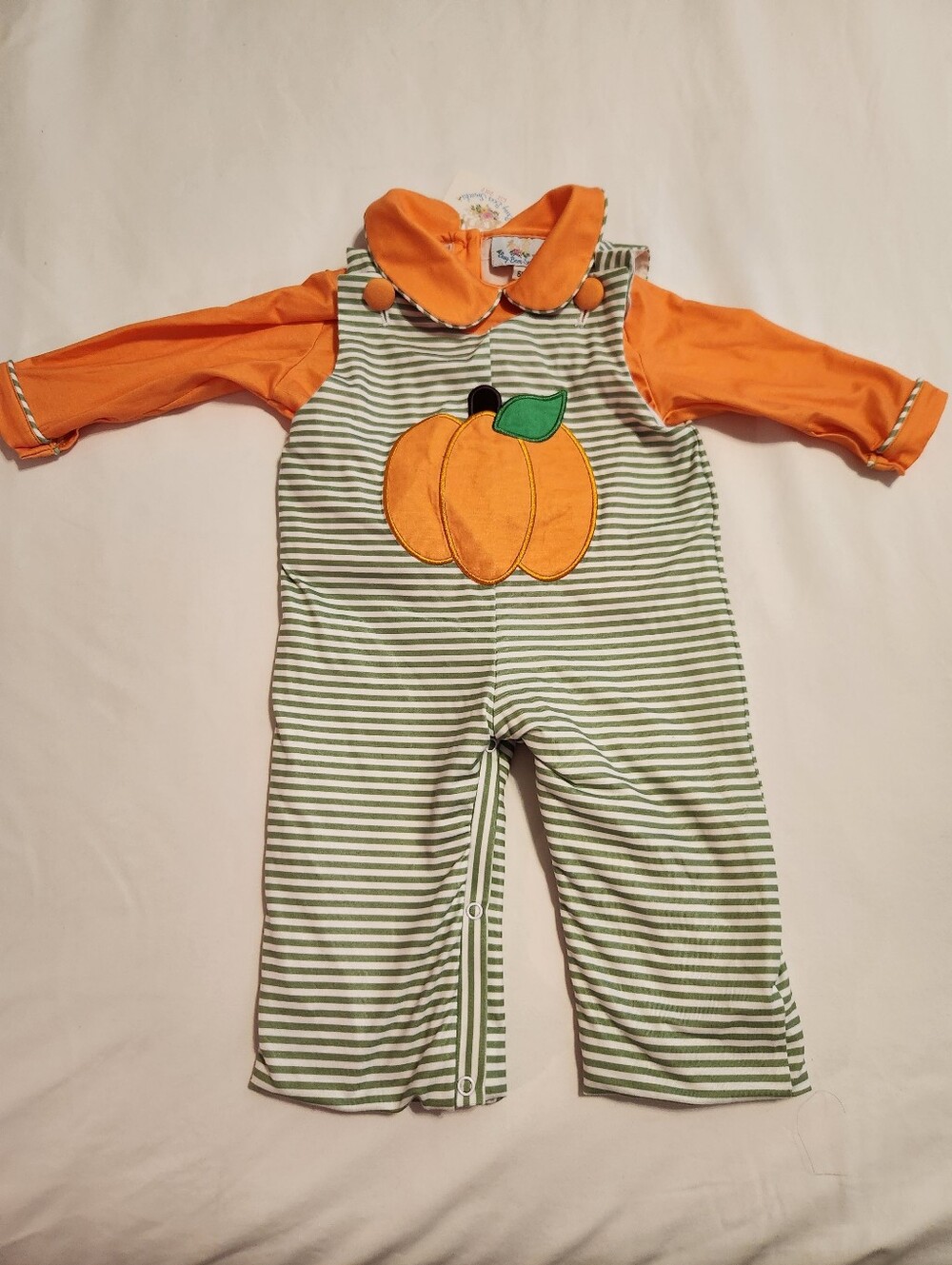 Busy Bee Smocks Striped Pumpkin Applique Long Sleeve 2 Piece Romper Set NWT